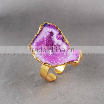 Fashion Vintage Antique Ajustable Golden Plated Druzy Geode Agate Statement Wide Ring photo-4