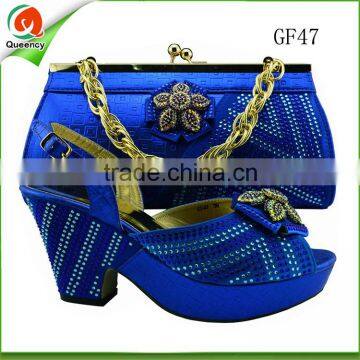 royal blue italian stone leather shoe and bag set matching from guangzhou supplier for wedding party