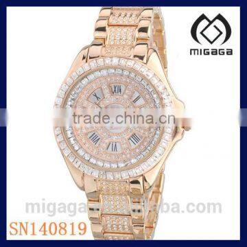 Fashion multi stones setting rose gold plated quartz watches for women