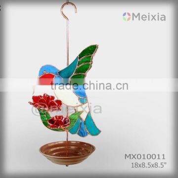 MX010011 metal hanging bird water feeder with bird stained glass craft decoration