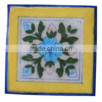 Dark Yellow & Blue Floral Design Kitchen Tiles Wall Decor Tiles from India