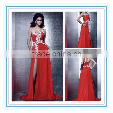 New Style Chiffon One Shoulder Beaded Evening Gown Sexy High Thigh Slit Evening Dress Patterns 2015 (DVED-1105)