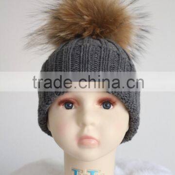 Winter warm Baby Handmade Cute Hats For Kids With Raccoon Fur Balls Knitted Baby Kids Hats