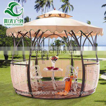 Popular PE rattan iron frame polyester fabric WPC floor garden winds gazebo