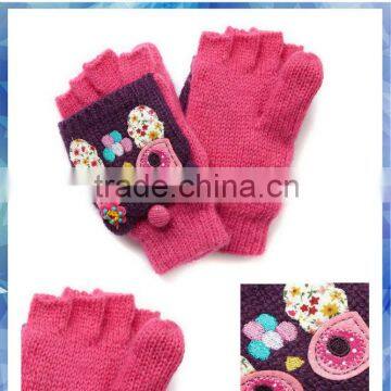 young girls patchwork owl capped half finger knit gloves