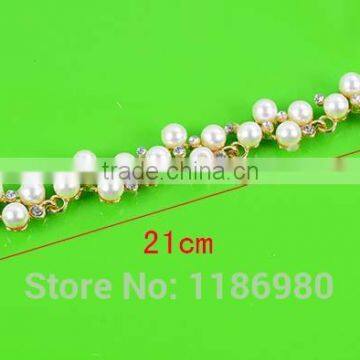 Fashion Womens Gold Plated Crystal Pearls Sweet Cuff Charm Bracelet Jewelry Gift photo-6