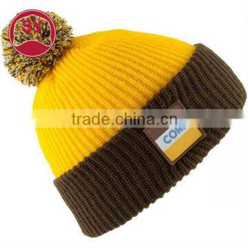 wholesale custom leather patch pom pom knit beanie hat