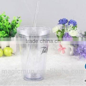 Double Wall Clear Transparent 16oz Plastic Tumbler With Straw