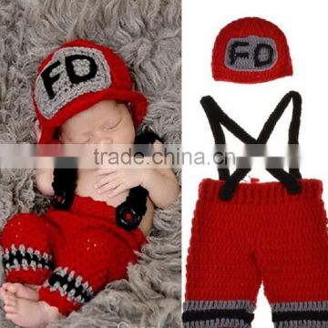 Newborn Baby Firefighter Fireman Red Hat Outfit, 2 pc Red Pant Set w/Suspenders, Photography Prop