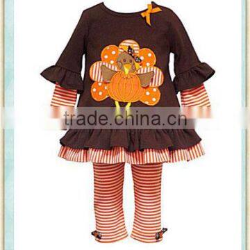 Baby Girls Thanksgiving Day Outfit Brown Top Turkey Appliqued Ruffle Cuff Red White Striped Ruffle Pants