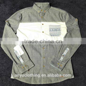 Blue Men's Lightweight Chest Paneled Jean Shirts with Pocket