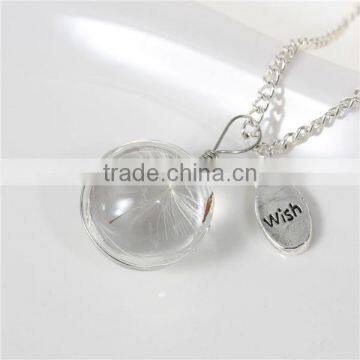 New Fashion Real Dandelion Clear Glass Round Pendant Necklace Link Curb Chain Silver Plated With Oval Message " Wish " Carved