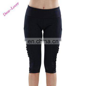 Women's Black Pleated Side High Waist Cropped Active Pants Leggings