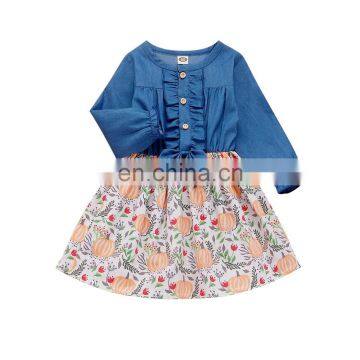 Denim style full sleeve Dress with floral pattern Girl daily wearing Dress Wholesale price