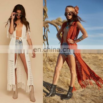 Knit Long Beach Cover up Beach Kaftan Tunics for Beach Swimsuit cover up Robe Plage Tassel Bathing suit Women Crochet cover Up