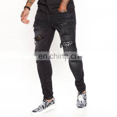 High quality denim stylish jeans black highwaist ripped stretched jeans mens