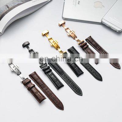 High Quality Genuine Leather Watch Bands Strap Stainless Steel Butterfly Single Snap Buckle Watch Accessories