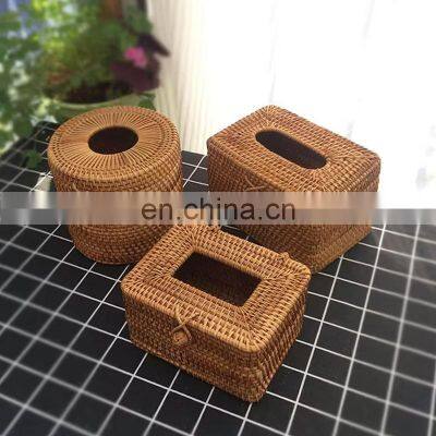 Hot Sale Rattan Woven Rectangle Round Tissue Box Wicker Tissue Holder Storage Basket Vietnam Manufacturer