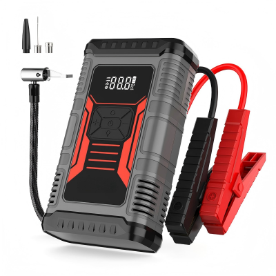 Все-в-одном дорожном инструменте интегрированы пускатель автомобиля, насос для шин, предупредительный фонарь, фонарик, манометр, воздушный насос, насос для мячей и внешний аккумулятор.