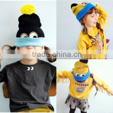 Fashion Cute Lovely Eyes Applique Fixed Kids Boys Girls Pompom Hat Beanie