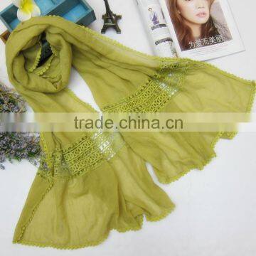 Newest Large Long Plain Embroidery Lace Brim Cotton Linen Brand Scarf