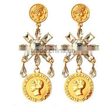 Gold crystal earrings for women Rhinestone jewelry long drop gold coin innovative items dangle earring gifts topshop promotion