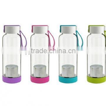 BPA Free Glass Water Bottle Sports With Tea Filter Fruit Infuser Silicone Sleeve 600ml