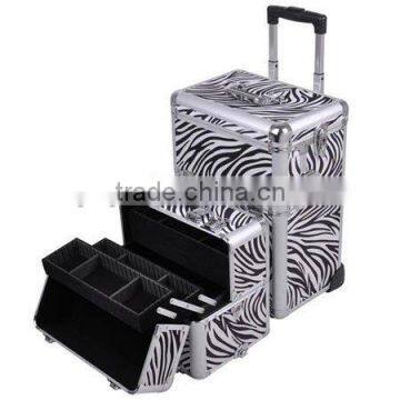 2in1 Zebra Aluminum Makeup Cosmetic Train Rolling Case Hair Style Lockable Box photo-3