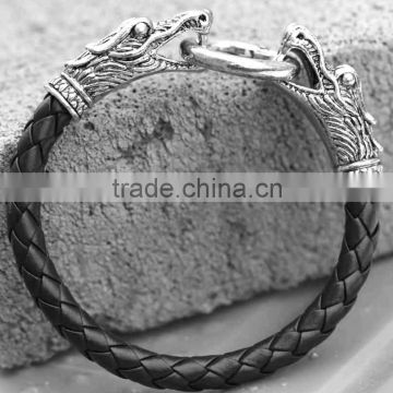 Leather Cool Mens Bangle with Locking Metal Dragon Head Clasp Bracelet