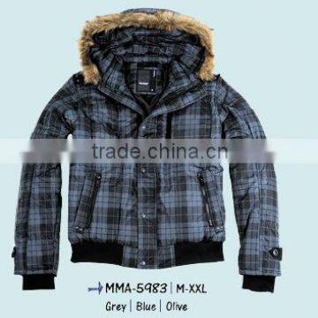 men printed padded jacket with fur hood