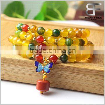 Bear Free Jewelry Multilayer Tibetan Natural Yellow and Green Agate Mala Bead Prayer Wrap Bracelet Necklace