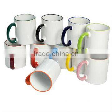 white blank coated handle and rim color mug for sublimation printing