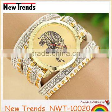 Fashion New Design Multilayer Leather Rhinestone Wrist Bracelet Elephant Watch