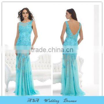 2015 Latest vestido de festa Longo Blue Evening Dress Sheer Skirt Sexy Lace Applique Party Dresses Evening Gowns Plus Size