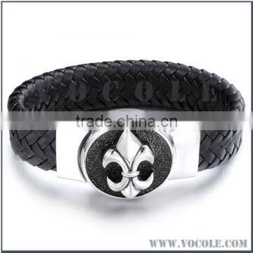 Charm patterns silver stainless steel clasp genuine leather bangle for men