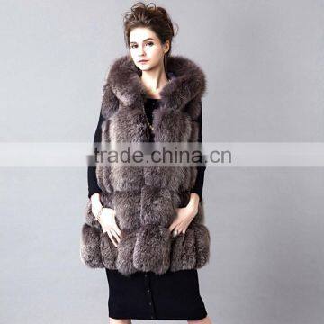 2016/2017 Latest Design Winter Top Quality Real Fox Fur Vest With Hood Long Style Whole Skin Silver Fox Fur Vest for Women