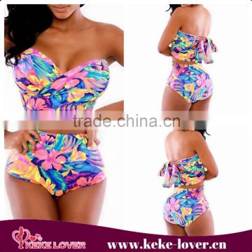 YH7088 Best selling high waist beachwear swimsuit printed bandage bikini set 2015 new plus size women sexy summer swimwear