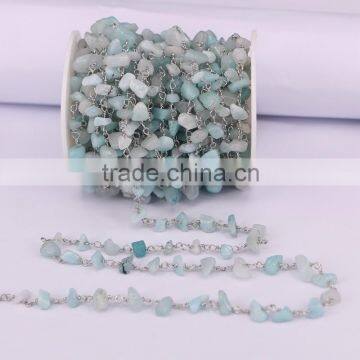 Blue Aquamarine Chip Beads Link Rosary Chains, Brass Silver Plated Wire Wrapped Chain