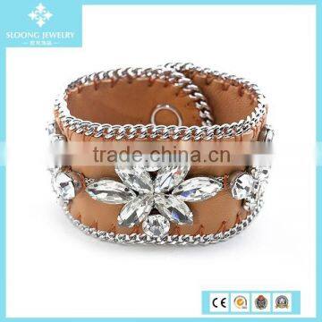 DIY Gray Goatskin Leather Big Crystal Bracelet China Supplier