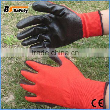 BSSAFETY Red nylon knitted black nitrile coated working glove for building use