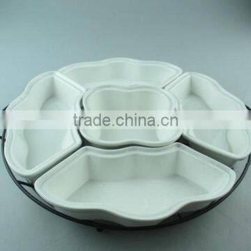 Stocklot White Ceramic Divided Plate With Iron Stand in Cheap Price photo-2