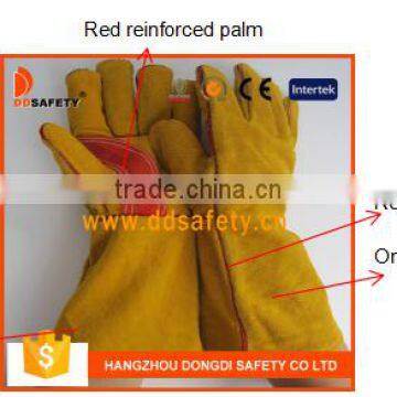 DDSAFETY  China Supplier Yellow Cow Split With Red Reinforced Palm Glove With Full Lining