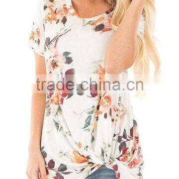 Custom Plus Size USA Women's Floral Print Boutique Summer Casual Short Sleeves Front Side Knot T-Shirts Tops photo-3