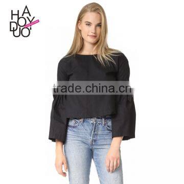 HAODUOYI Soild Black OL Women Blouse Round Neck Long Trumpet Bowknot Sleeve Silt Botton Hollow Out Back Lady Tops for Wholesale