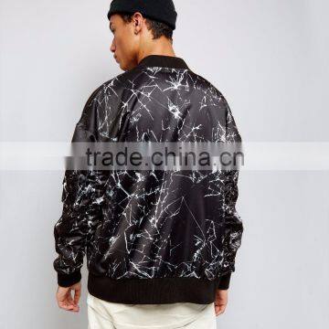 Fashion Design Custom Black Crackle Printing Bomber Jacket Oversized Dropped Shoulders Streetwear Mens Digital Print Jacket photo-2
