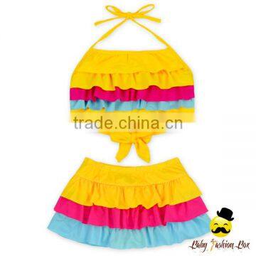 2017 Fitness Children Colorful Ruffle Halter Separable Rainbow Little Girl Swimwear 2pcs Suit Set photo-2