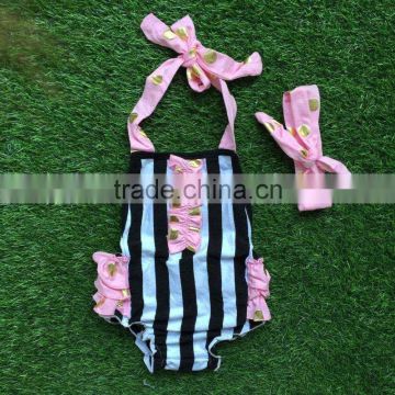 2016 new baby girls kids pink gold dot stripe romper infant clothing baby kids wear with matching headband set