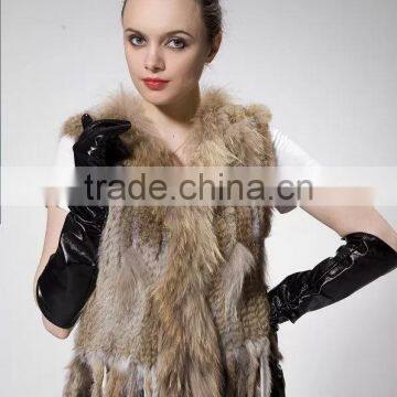 Best sale hand made knitted women genuine cheap rabbit fur raccoon fur collar vest natural color