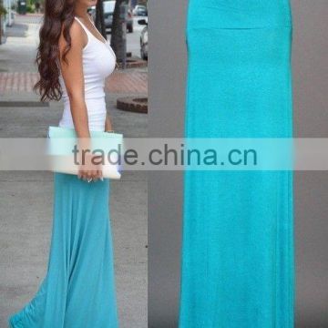 OEM rayon fold over waist latest model plain blue women maxi skirts latest long skirt design