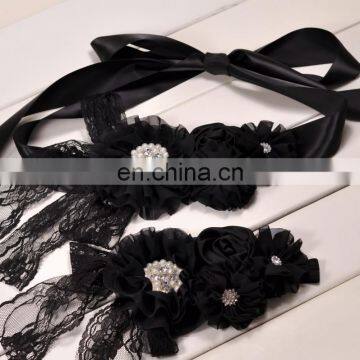 Black Sash & Headband Set With Sparkly Rhinestone And Lace Bows Dark Grey Ribbon Belt